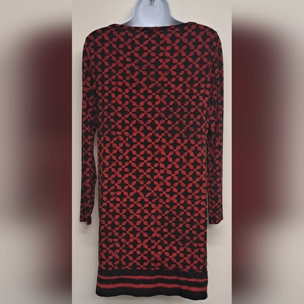 Michael Kors P/M Tunic Dress Red Black Ling Sleeve Slinky Stretch Knit